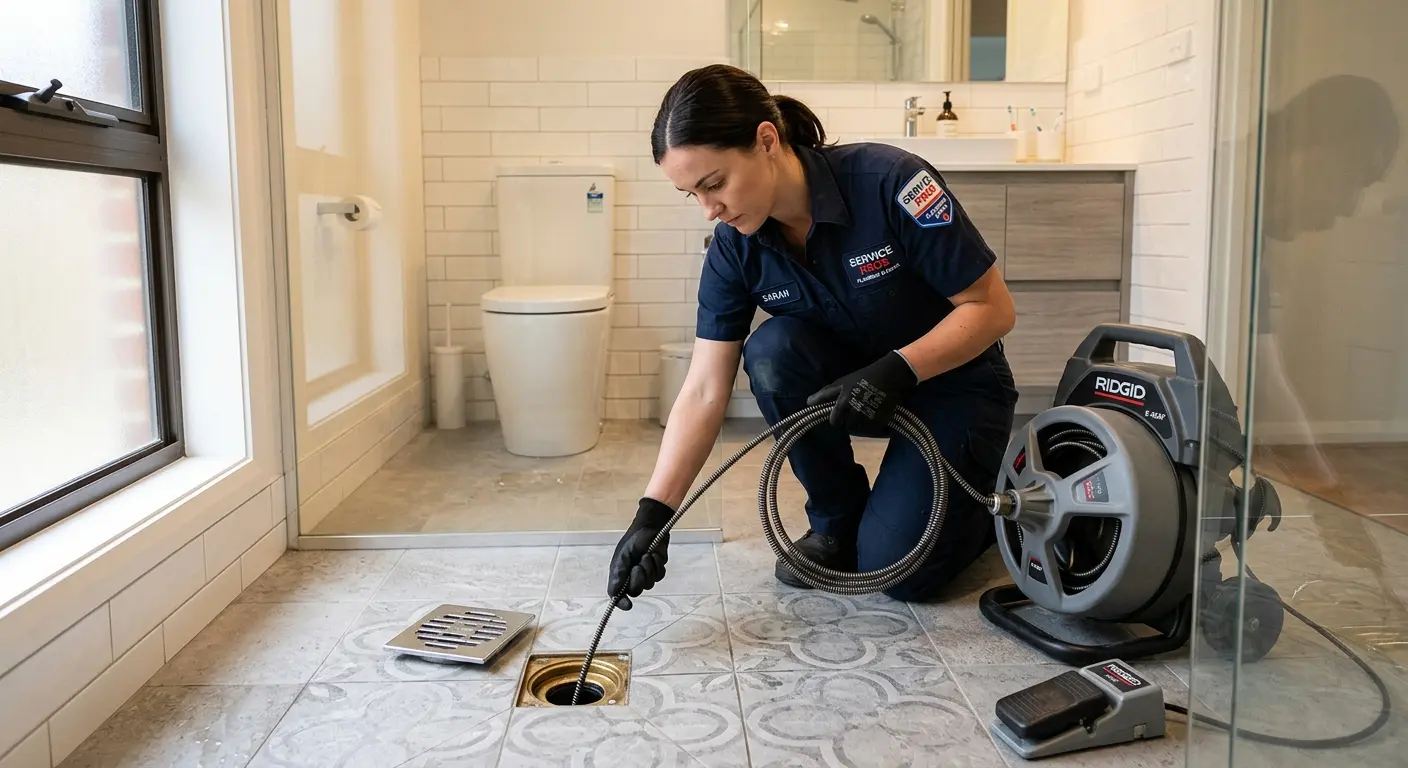 Technician clearing a bathroom floor drain for Sewer Line Installation in Lancaster